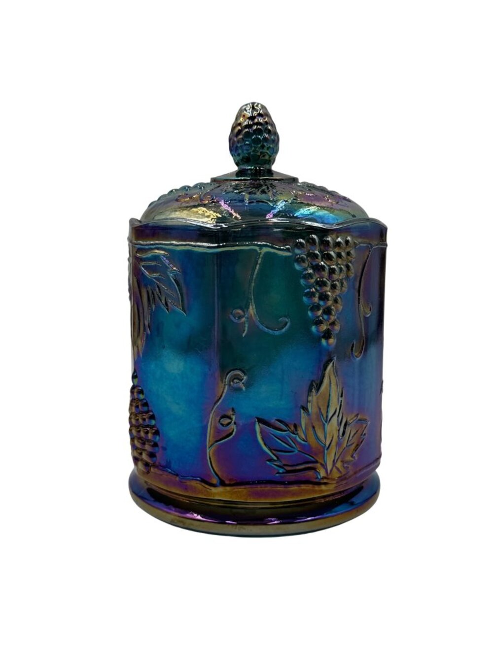 Vintage Carnival Glass Covered Candy Jar Grape & Leaf Design Pinecone Lid